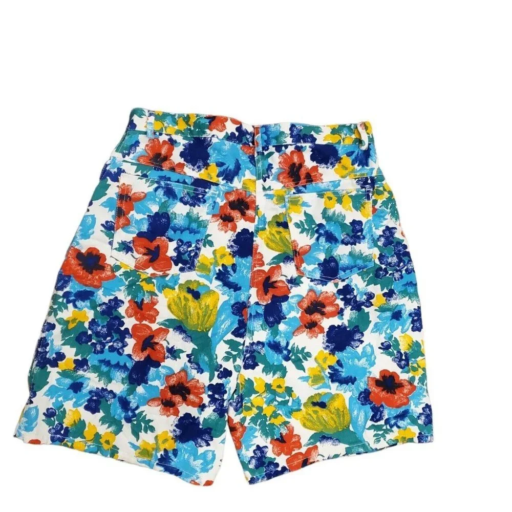 Vintage 90s Womens Size 14 Floral Denim Baggy Mom Shorts 7